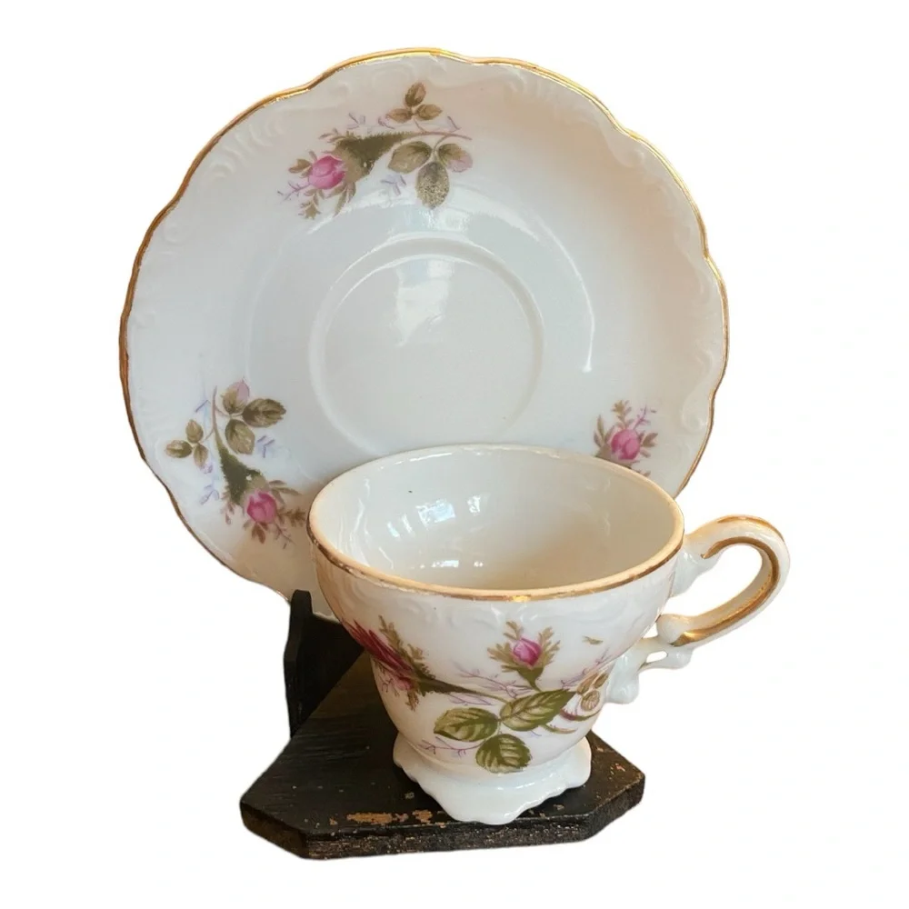 Vintage Moss Rose Teacup and Saucer Set, Fine China Japan Gold Trim
